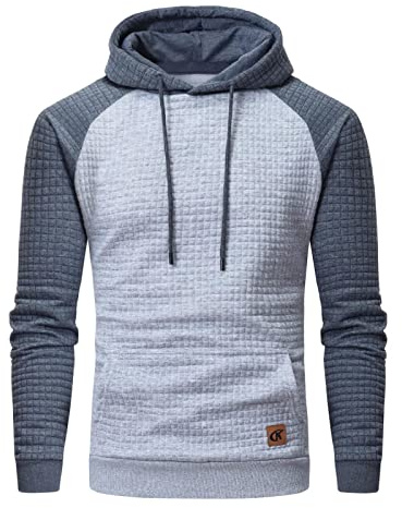 Yundobop Men's Pullover Hoodies Plaid Jacquard Long Sleeve Drawstring Hipster Casual Hooded Sweatshirts with Kanga Pockets Lightgrey/Grey L