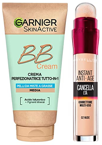 Garnier Skinactive BB Cream Crema Viso Idratante Perfezionatrice Tutto in 1 SPF25 Tonalità Media + Cancella Età Correttore Liquido Multiuso 02 Nude con Applicatore a Spugnetta