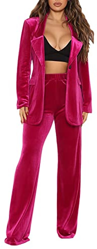 Conjunto de Traje para Mujer,Traje de Oficina de 2 Piezas de Terciopelo,Chaqueta de Traje+Pantalones de Traje,Traje de Negocios de Dos Piezas con Blazer Casual de un Botón y Pantalones Anchos B L
