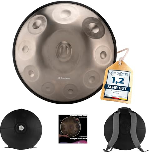 Sonodrum Handpan aus Edelstahl in Silber - 10 Töne gestimmt in D-Kurd (D Moll), in 440 Hz. Sonopan inkl. zubehör: Liederbuch und Tragetasche. Percussion Instrument für Meditation, Yoga & Entspannung.
