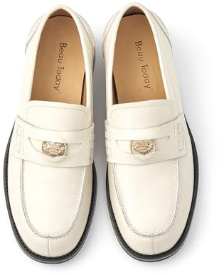 BEAU TODAY Penny Loafers Womens Leather Flats Casual Business Soft Handmade Slip-on Shoes, Beige, 4.5 UK