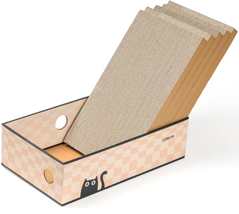 Conlun Reversible Cat Scratcher Box,Scratching Board,5-Pack,Large,Checkered | Mess-free high-wall box, scratch-resistant pad,Protects Furniture, interactive holes, doubles as a cosy bed, includes catnip