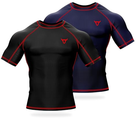 TORO ACTIVA Paquete de 2 camisetas de compresión para hombre, de manga corta, para correr, gimnasio, deportes, fitness, entrenamiento, ciclismo, entrenamiento, entrenamiento, 2 unidades, Negro, rojo y