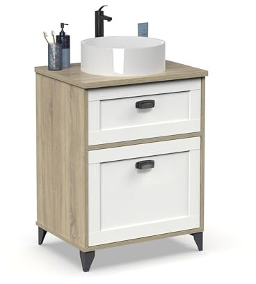 MUEBLES PITARCH | Mueble de Baño Lavabo cerámico Incluido, 60cm Ancho, con Patas, Cajón guías Cierre Suave, 1 Puerta, para Lavabo de sobreponer, Blanco y Roble Cambrian, Estilo Vintage Modelo Toscana
