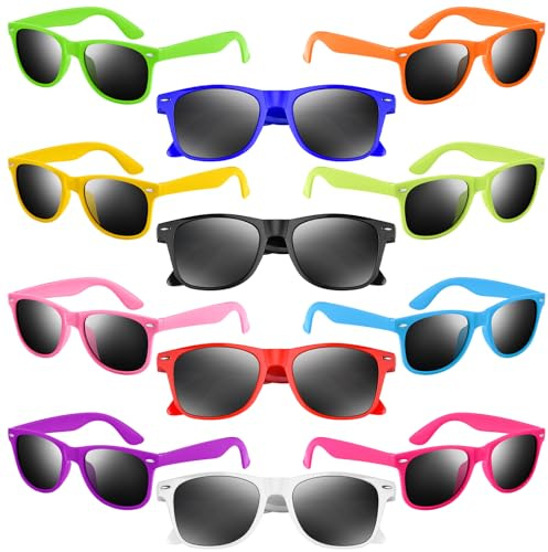 NEBURORA Lot de 12 lunettes de soleil fluo classiques rétro multicolores pour adultes, hommes, femmes, anniversaire, été, plage, piscine, fête