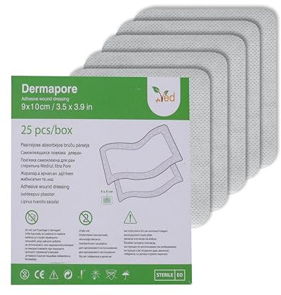 Apósito adhesivo para heridas VED Dermapore: adecuado para cortes y rozaduras, úlceras venosas en las piernas y pequeñas úlceras por presión, mediano, (9 x 10cm (Pack of 25))