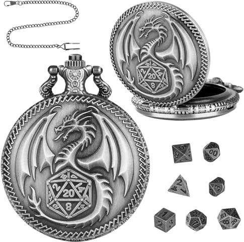Qaestuan Mini Juego de Dados DND, con 7 Dados Poliédricos, Retro Dados De Metal con Carcasa Reloj Bolsillo, Accesorios para Juegos de rol, para Viajes, Fiestas, Campamentos, Juegos de rol (Plata)