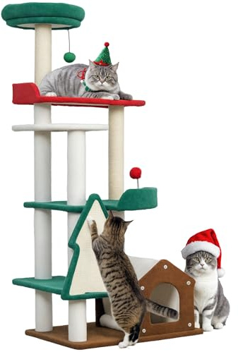 PawHut Arbre à Chat aux Couleurs de Noël, 135 cm avec 6 Niveaux, Arbre à Chat avec Grotte pour Chats, Balle de Jeu, colonnes à griffer en sisal, pour 1-2 Chats jusqu'à 5 kg