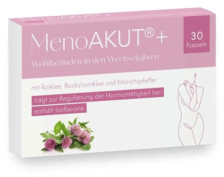 Aura Natura® MenoAKUT Plus – Wechseljahre Kapseln mit Rotklee, Mönchspfeffer, Bockshornklee, Vitaminen B3, B6 und B12 – Menopause Kapseln – 1 Monat Vorrat, 30 Kapseln, Vegan