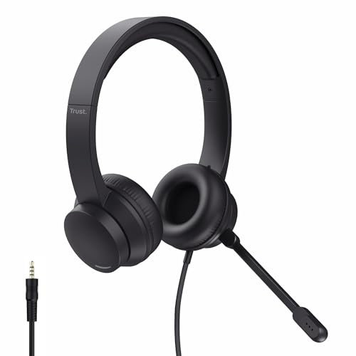 Trust Roha II Auriculares con Cable 3.5mm On Ear con Micrófono, Diadema Ajustable, Cable de 1,8 m, Cascos con Cable Ligeros Supraaurales per Oficina PC Ordenador Portátil Laptop Teams Zoom, Negro