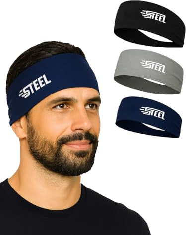 Bandeau Sport STEEL Homme Femme Lot de 3/6 – Anti-Transpiration, Antidérapant & Séchage Rapide – Élastique, Léger, Respirant (3 Bandeaux Sport (Noir, Bleu, Gris))