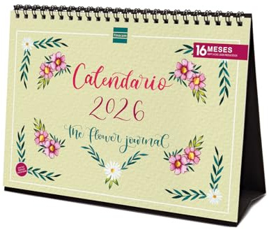 Finocam - Calendrier de bureau 2026 mois vue janvier - décembre 2026 + septembre 2025 (4 mois) réduits | Calendrier 2026 | Images The Flower Journal - Espagnol