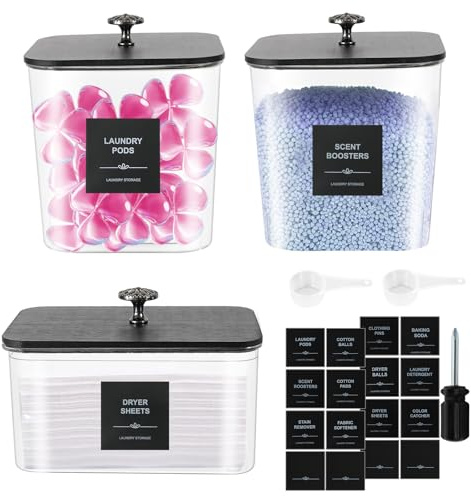 3-pack behållare för tvättkapslar och torktumlare – genomskinlig plast tvättstuga organisering förvaringsbehållare med svarta lock, skopor och etiketter för tvättmedelspumpar, pulver, doftförstärkare
