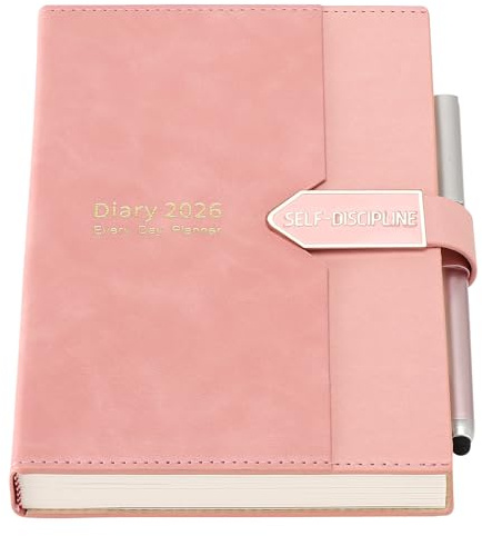 Mljtoyo A5 Diary 2026 Day per Page,Hardcover Productivity Daily Planner Diary, Full Year Planner form Jan 2026 to Dec 2026 with Pen,3Bookmarks,Back Pocket, Color Side Tabs,Pink