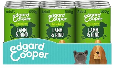 Edgard Cooper Cibo umido per cani (agnello e manzo, 800 g x 6), cibo per cani bagnato 800 g senza cereali, ingredienti naturali e carne fresca, pieno di aminoacidi essenziali