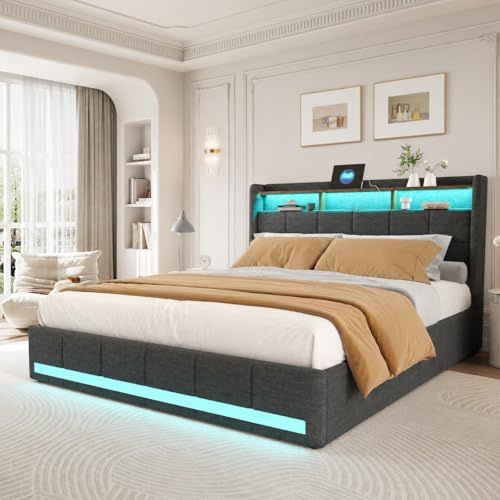 Klädd säng 180 x 200 med förvaringsutrymme, dubbelsäng med USB-uttag och LED-ljus, ungdomssäng med 4 lådor, sängkonstruktion med huvudgavel och ribbotten, linneduk, utan madrass, grå