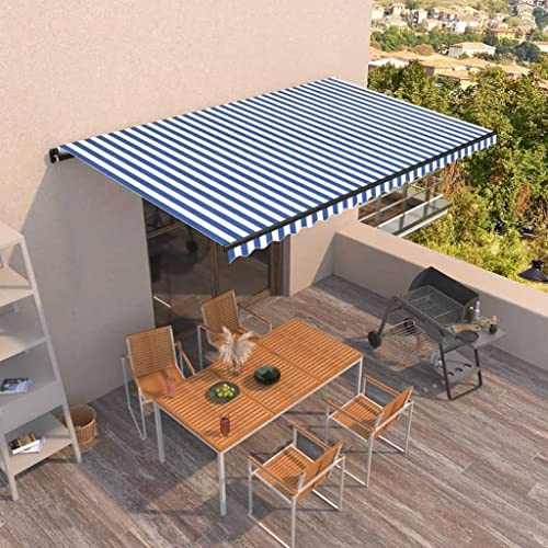 Mokuyary markis manuellt infällbar 500 x 350 cm blå och vit, klämmarkis med handvev, balkongmarkis solskydd för fönster balkong terrass trädgård veranda