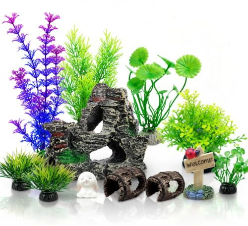 ZhouWei 11 stycken dekoration akvarium, akvariedekoration hartsmaterial innehåller dekorativa ornament som miniatyr stenlandskap konstgjorda vattenväxter djurfigurer, akvarietillbehör dekoration för