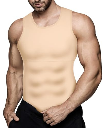 Eleady Mens Slimming Body Shaper Vest Compression Shirt Abs Abdomen Shapewear Workout Tank Top Undershirt (Large, Beige Tops)