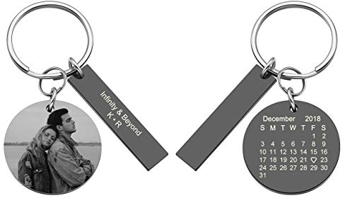 Zysta Personalized Text & Fotogravur - Edelstahl Rund Dog Tag Schlüsselanhänger Rechteckig keychain Schlüsselbund mit Kalender Gravur für Personalisierte Geschenke (Mit Foto & Kalender & Text gravur)