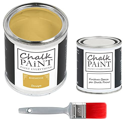 CHALK PAINT EVERYTHING Senape & FINITURA + PENNELLO - Kit Pronto Vernicia e Proteggi (750 ml Colore + 250 ml Finitura + Pennello Professionale 40 mm)