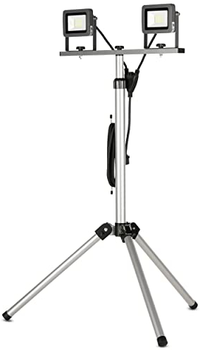 REV LED Arbeitsleuchte mit Stativ - 2x15W, 2x1275lm, 6500K, Arbeitslampe für Baustelle, Werkstatt & Keller, Baulampe IP65 für innen & außen, silber