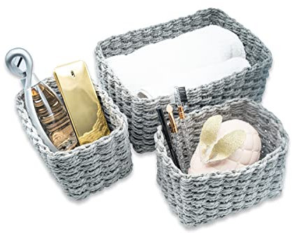 Set da 3 Cestini Portaoggetti, Porta Oggetti per il Bagno Salvaspazio, Cestino Organizer in Carta EcoFriendly, Cestini Intrecciati e Impilabili 25x20x10 cm Grigio