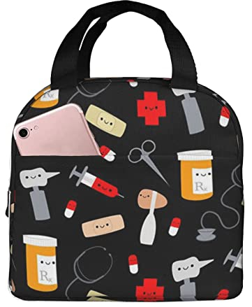 XVBCDFG Bolsa de almuerzo con patrón de medicina de dibujos animados para oficina al aire libre, papel de aluminio portátil, aislamiento grueso y bolsa Bento