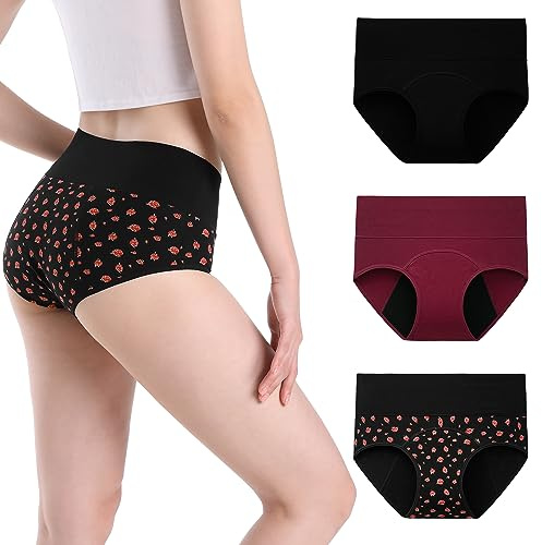 INNERSY Culotte Menstruelle Taille Haute Slip pour Regle Shorties Périodique Coton Lot de 3 (XXX-Large, Rose Imprimée/Noir/Rouge Foncé)