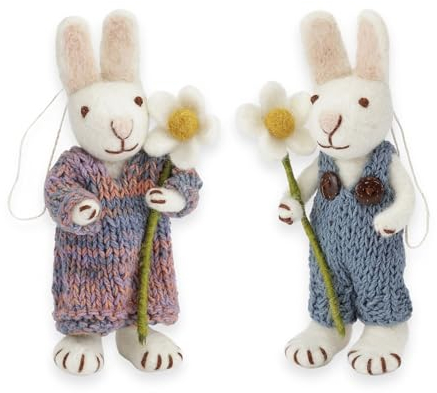 Gry & SIF Osterhasen Figuren klein zum Aufhängen oder Hinstellen, aufwendige Handarbeit mit vielen Details, Fairtrade, Osterdeko aus Filz | 1 x Deko Häschen mit Kleid, Latzhose & Margeriten. 15 cm