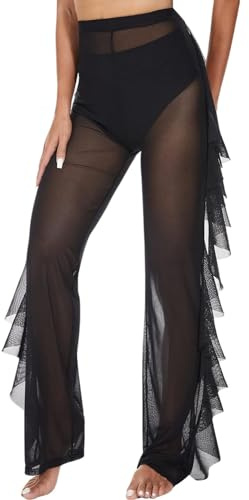 ROSVAJFY Pantaloni Maglia Trasparente Donna Costume Bagno Rete Velato Volant Pantaloni Coprenti Vita Alta Spiaggia Slip Bikin Sexy Clubwear Festa (Nero, S)