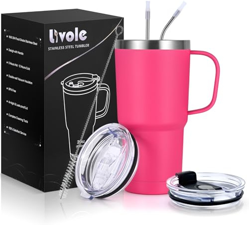 Livole 20oz Travel Mug with Handle, 600ml Insulated Tumbler with Straw and 2 Lids, Double Walled Vacuum Water Cup Bottle, Stainless Steel Thermal Travel Coffee Mugs for Cold Drinks, Rose Red