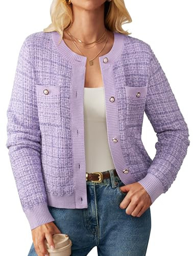 GRACE KARIN Damen Strickjacke mit Knopfleiste, vorne offen, langärmelig, strukturiert, mit Taschen, Flieder, S