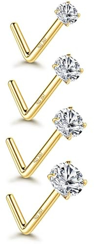 4Pcs 14K Gold Filled Nose Stud 20G Surgical Steel Nose Ring Stud 1.5-3mm Round CZ Straight Bend Screw L Shaped Nose Studs Gold Nose Piercing Jewellery Hypoallergenic