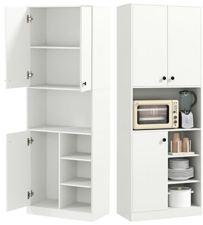 KOMFOTTEU Buffet de Cuisine avec 2 Armoires à Porte & 4 Étagères Semi-Ouvertes, Armoire Haute Multi-Rangement, Dispositif Anti-basculement, Placard de Rangement, 60 x 33 x 166 cm (Blanc)