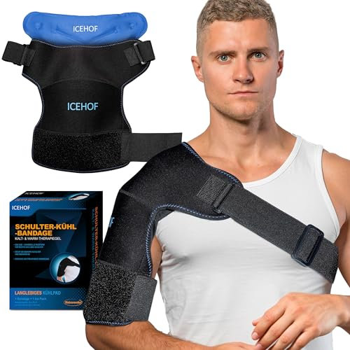 ICEHOF Schulterbandage mit Kühlkompresse - Schulter Kühlpad - Kühlmanschette Kühlpad für Herren & Frauen - Kühlbandage für Schulter kühlen Schultergurt Kühlkissen Kühlpads Schulterkühler