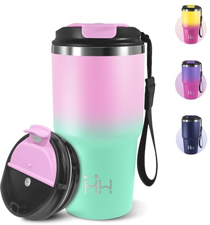 Taza de Café, 600 ml, Taza Termica, 304 Acero Inoxidable Reutilizables, Vaso Termico, Taza Termo Cafe para Llevar con Tapa, Perfecto para llevar Café y para la Oficina - Rosa claro&verde claro