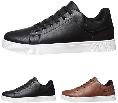 Business Trainers Men's Retro Trainers Men's Leather Sports Shoes Flat Sole Fitness Shoes Wide Casual Shoes Sporty Running Shoes Plain Walking Shoes Non-Slip Low Shoes Casual, black, 9.5 UK