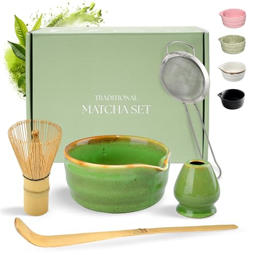 Matcha teset med keramikskål, bambuvisp med stativ, sked och sil, japanskt teset för matcha latte och ceremony, grönt med brun kant