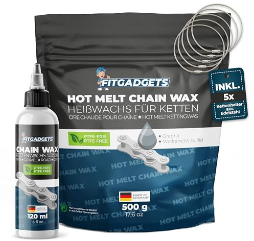 Fitgadgets kedjelacker Starter-Set, kedjelacker spar-komplettset, 500 g varmvaxspiller, 120 ml kedjelacker, 5 kedjehållare, för Gravelbike, racercykel, MTB & E-cykel