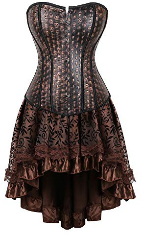Grebrafan Steampunk Faux Leather Skull Corset with Skirt Set (UK(16-18) 3XL, Brown)