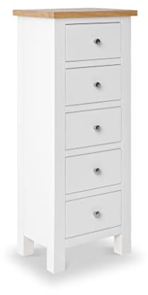 RoselandFurniture Farro White Tallboy Chest of Drawers for Bedroom Slim 5 Drawer Cabinet Fully Assembled Contemporary Tall Painted Solid Wood Narrow Storage Chest with Oak Top | 115 x 45cm