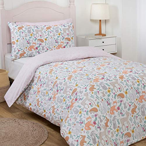 Sleepdown Enchanted Woodland Animals MultiColour Floral Kids Children's Reversible Duvet Cover Quilt Bedding Set and Pillowcases - Two Designs Twin Pack - Double (200cm x 200cm)