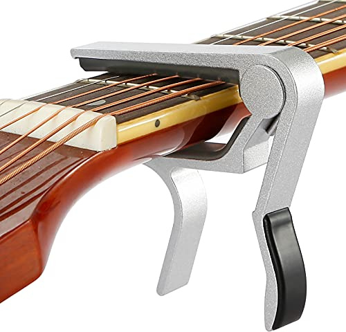 Quick Change Capo for 6-String Acoustic, Electric, Classical Guitar & Ukulele - Silver