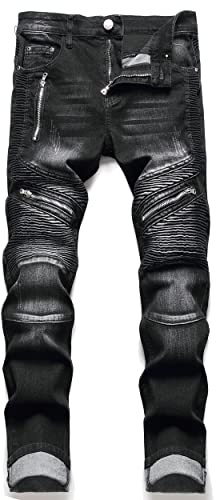 AITITIA Jeans da Uomo da Motociclista Strappati Regular Fit Flex Slim Fit Denim Pantaloni, 009 Nero, 50 IT