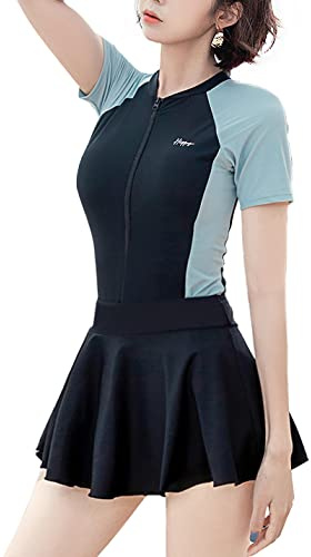 Sukany Ladies One Piece Swimsuit Zip Up Colorblock Short Sleeved Windproof Swimwear with Skirt Black M