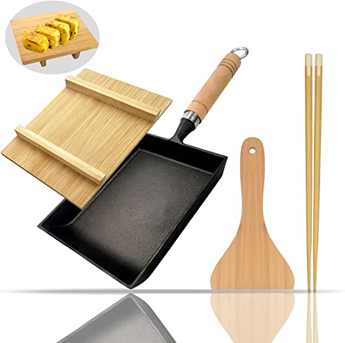 WSGSYYDS Tamagoyaki Japanese Omelette Pan Cast Iron With Wooden lid, Square Japanese egg pan, Rectangle Tamago pan With Spatula & Chopsticks 7” x 6” (Black)