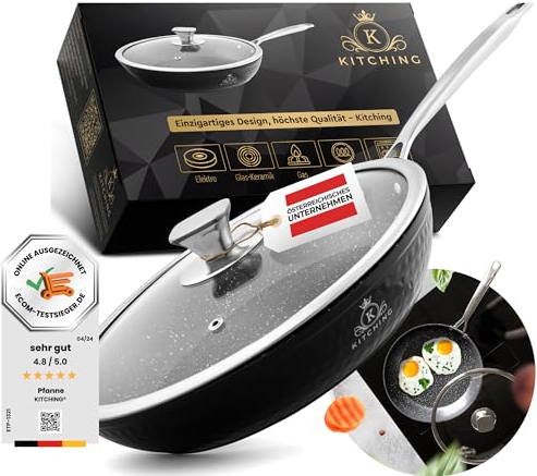 K KITCHING® Bratpfanne 24cm mit Deckel ꟾ 3L Antihaftbeschichtete Pfanne ꟾ Kratzfest ꟾ PFOA FREI & geeigent für alle Herdarten inklusive Induktionꟾ Öl- und fettfreies Braten ꟾ Leichtes Reinigen
