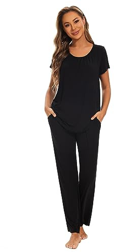 Smallshow Women's Maternity Nursing Pyjamas Short Sleeve Breastfeeding Sleepwear,Black,M