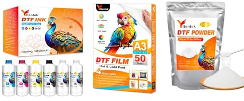 Yitentek DTF Ink & Film & Powder Set - 6000ML No Sediment DTF Transfer Ink + DTF Transfer Film A3 (11.7 x 16.5) 50 Sheets Double Sided PreTreat Cold & Hot Peel PET Film + DTF Powder 1000g / 35.27oz